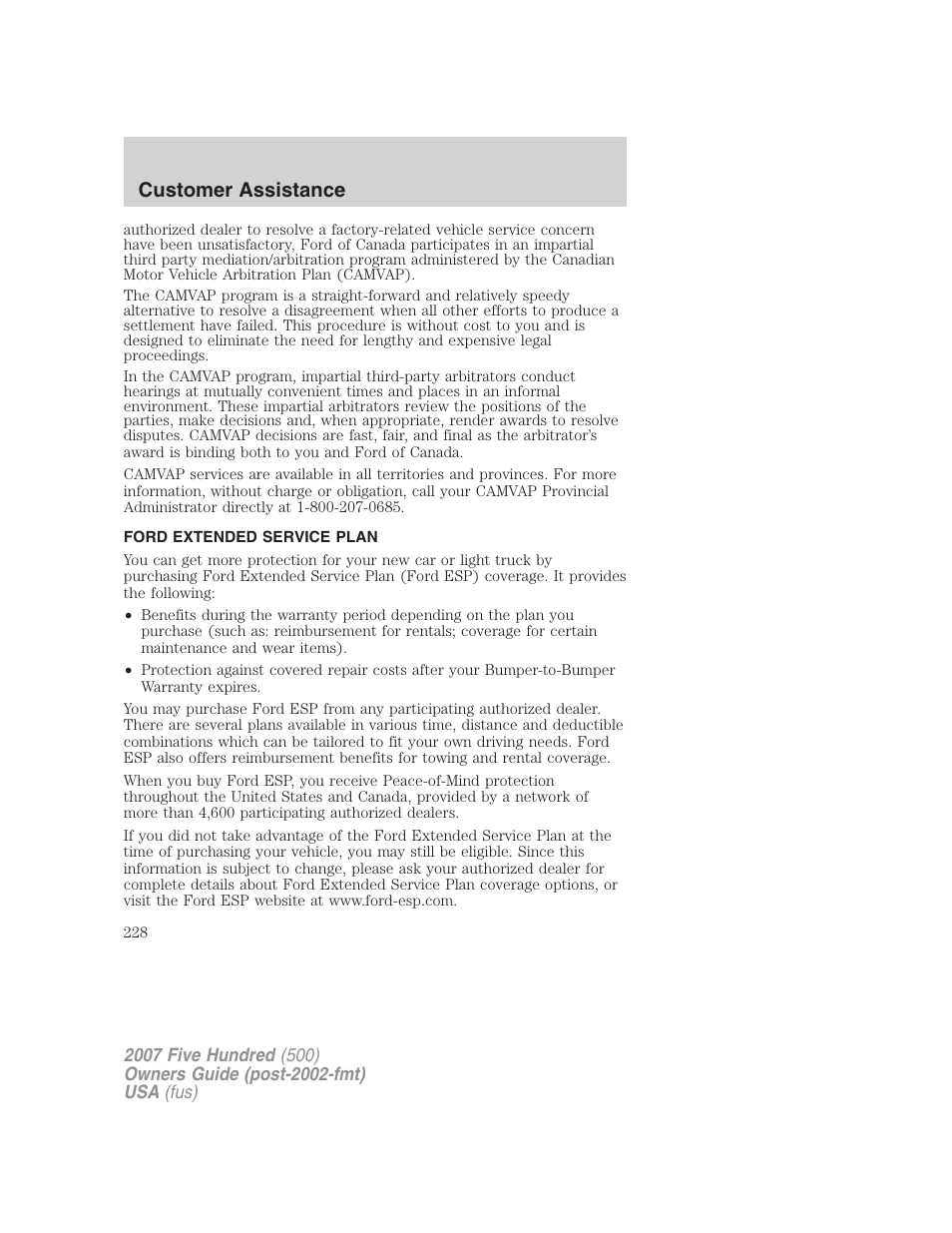 Ford extended service plan, Customer assistance | FORD 2007 Five Hundred v.1 User Manual | Page 228 / 288