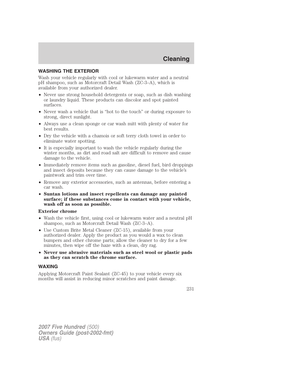 Cleaning, Washing the exterior, Waxing | FORD 2007 Five Hundred v.1 User Manual | Page 231 / 288