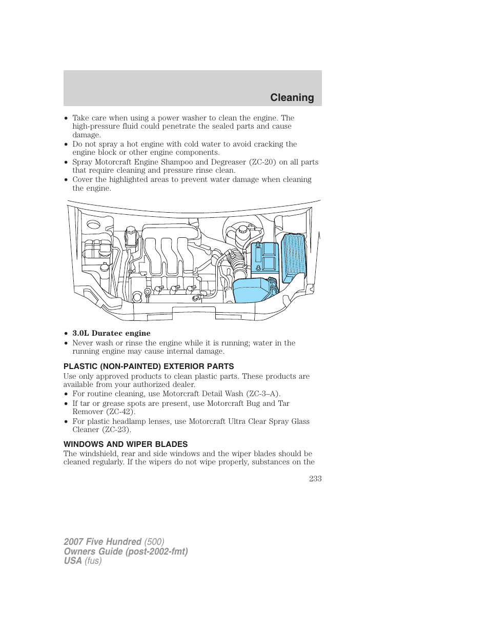 Plastic (non-painted) exterior parts, Windows and wiper blades, Cleaning | FORD 2007 Five Hundred v.1 User Manual | Page 233 / 288