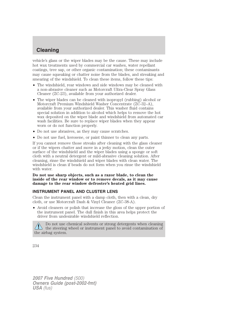 Instrument panel and cluster lens, Cleaning | FORD 2007 Five Hundred v.1 User Manual | Page 234 / 288