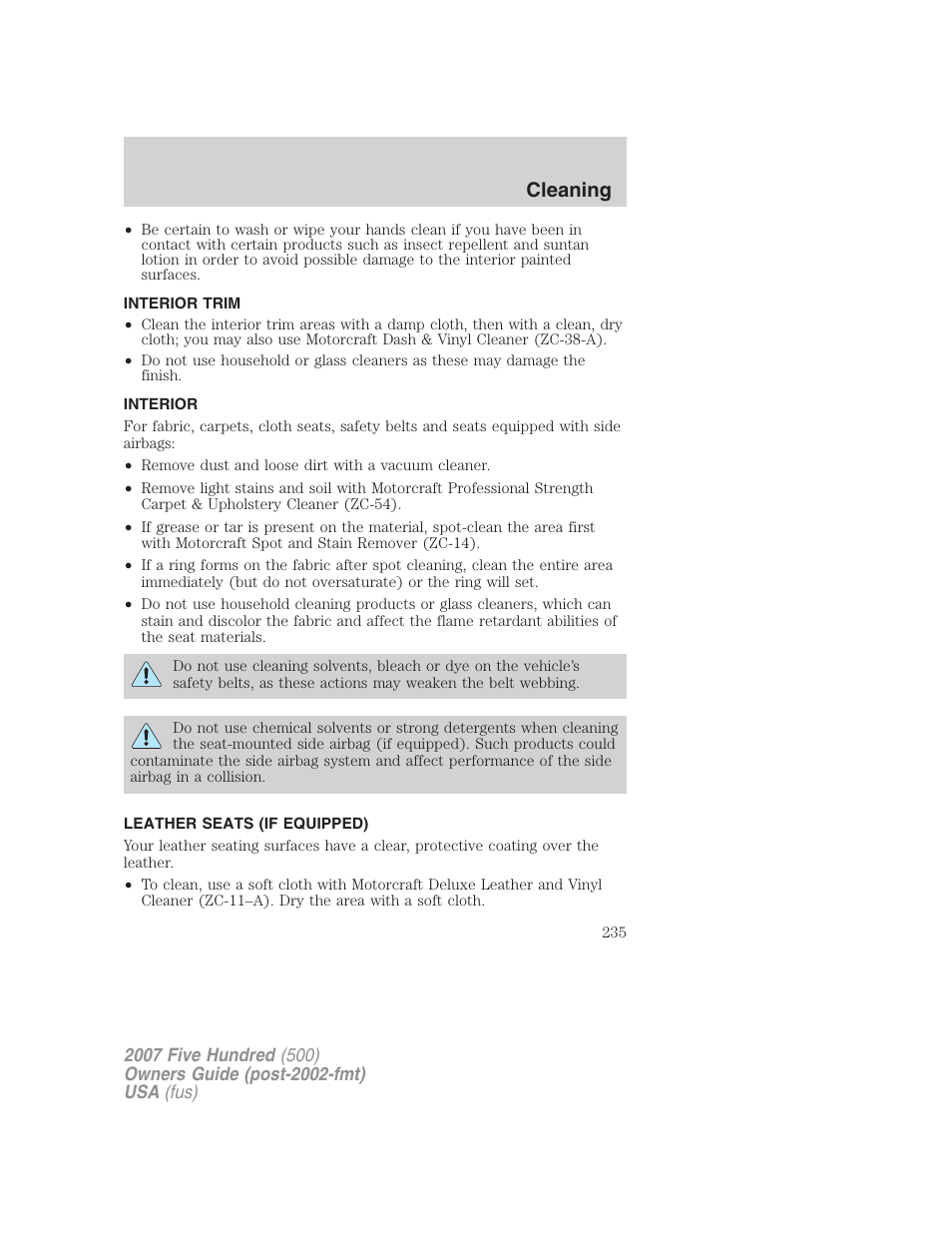 Interior trim, Interior, Leather seats (if equipped) | Cleaning | FORD 2007 Five Hundred v.1 User Manual | Page 235 / 288