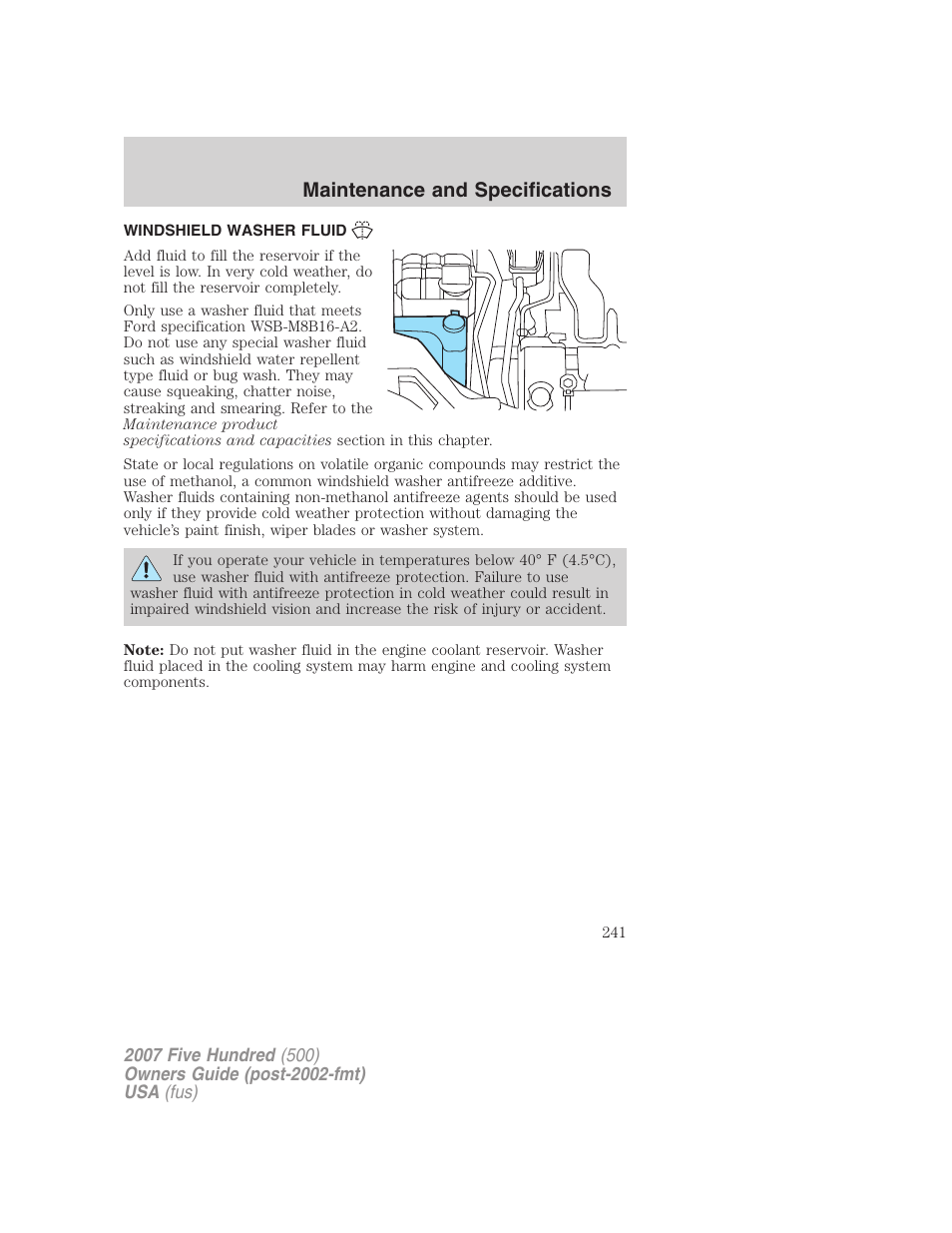 Windshield washer fluid, Maintenance and specifications | FORD 2007 Five Hundred v.1 User Manual | Page 241 / 288