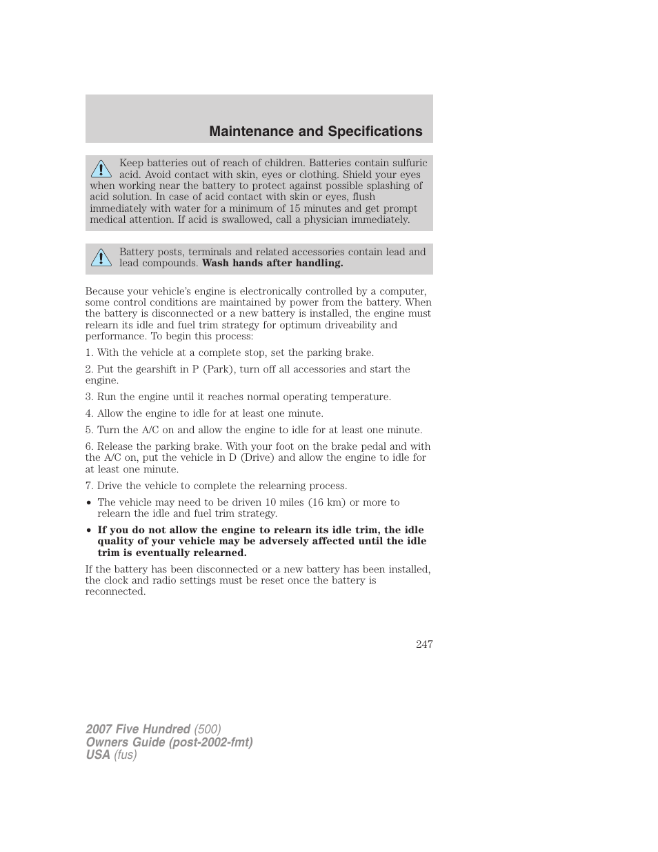 Maintenance and specifications | FORD 2007 Five Hundred v.1 User Manual | Page 247 / 288