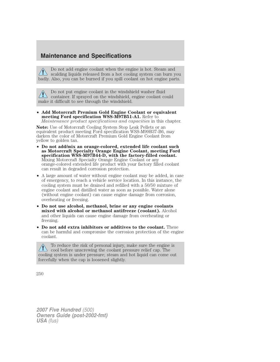 Maintenance and specifications | FORD 2007 Five Hundred v.1 User Manual | Page 250 / 288