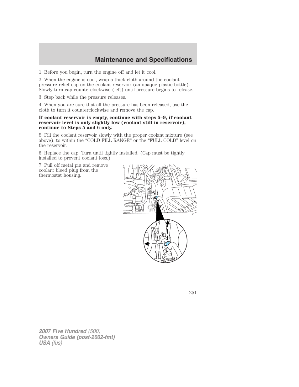 Maintenance and specifications | FORD 2007 Five Hundred v.1 User Manual | Page 251 / 288