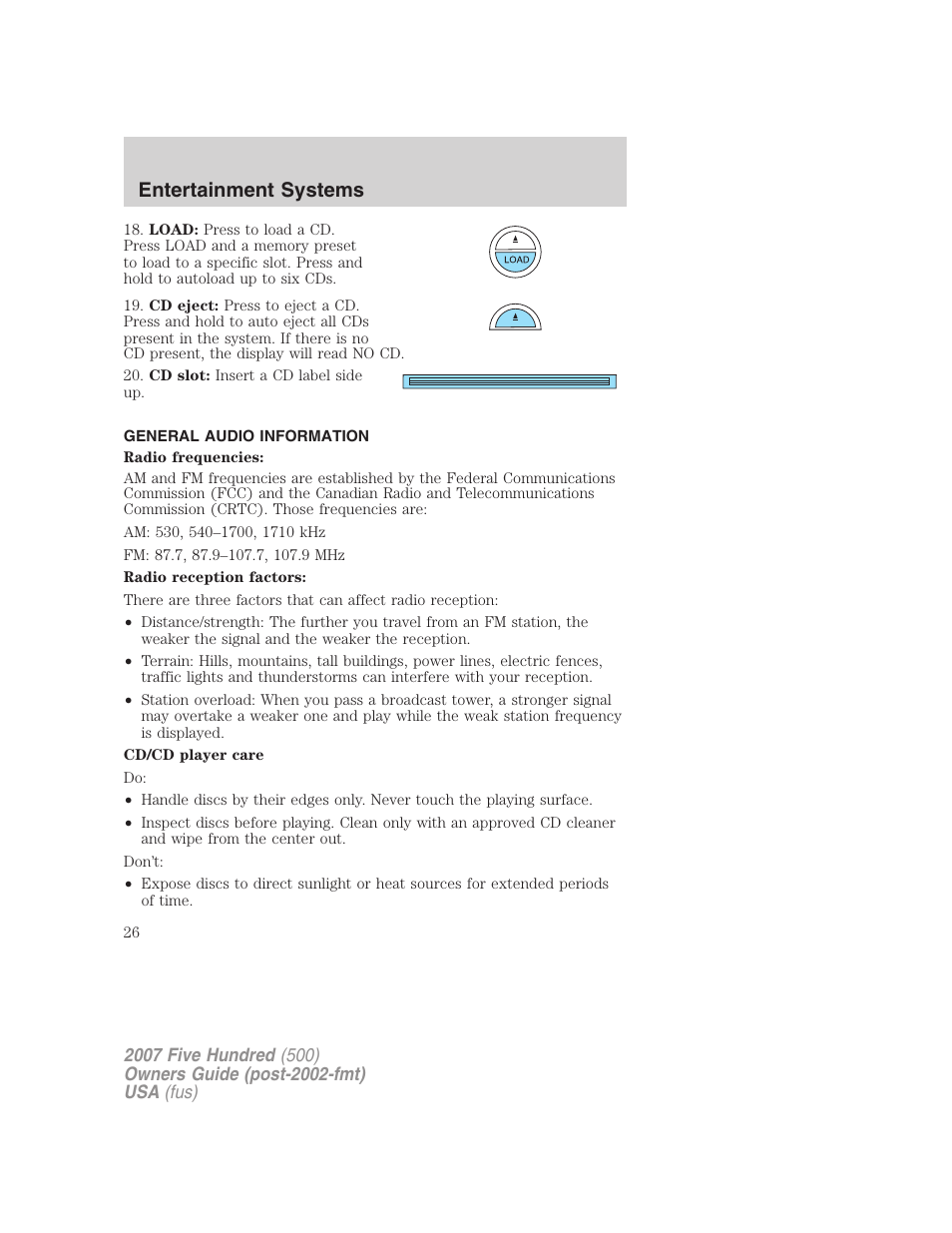 General audio information, Entertainment systems | FORD 2007 Five Hundred v.1 User Manual | Page 26 / 288