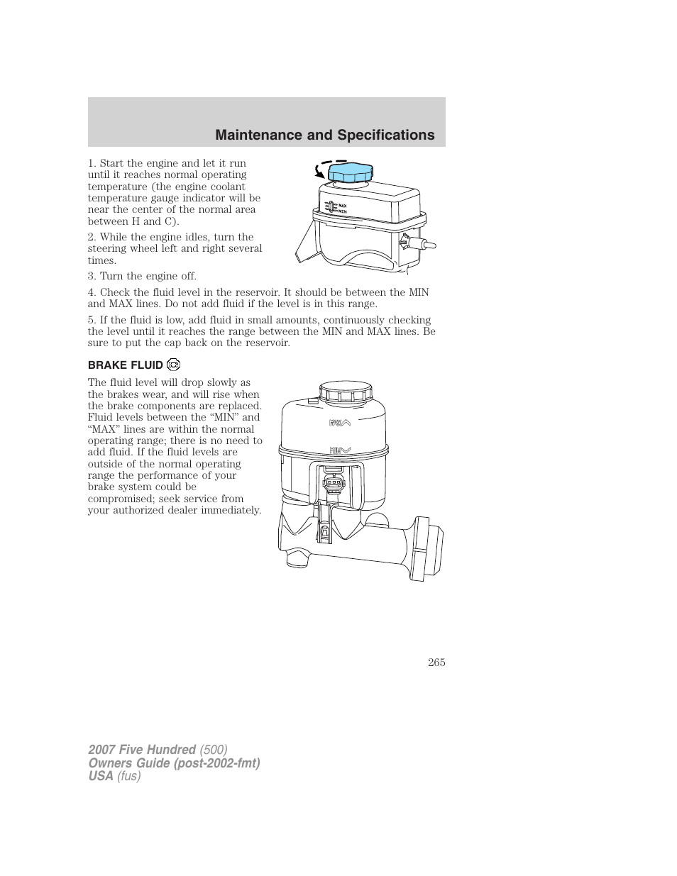 Brake fluid, Maintenance and specifications | FORD 2007 Five Hundred v.1 User Manual | Page 265 / 288