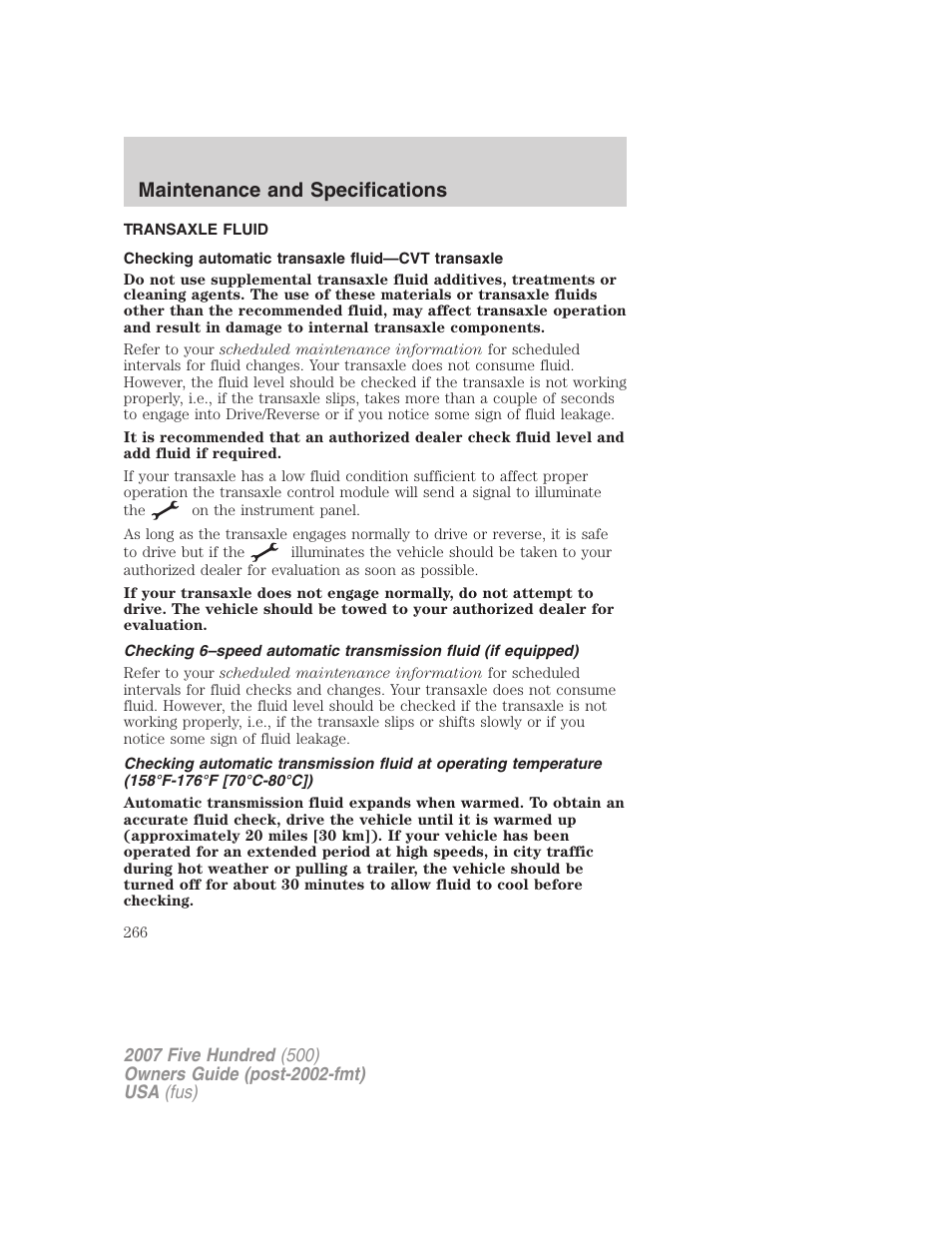 Transaxle fluid, Checking automatic transaxle fluid—cvt transaxle, Maintenance and specifications | FORD 2007 Five Hundred v.1 User Manual | Page 266 / 288