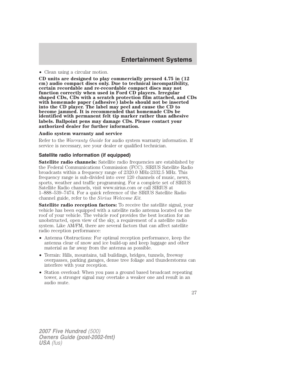 Satellite radio information (if equipped), Satellite radio information, Entertainment systems | FORD 2007 Five Hundred v.1 User Manual | Page 27 / 288