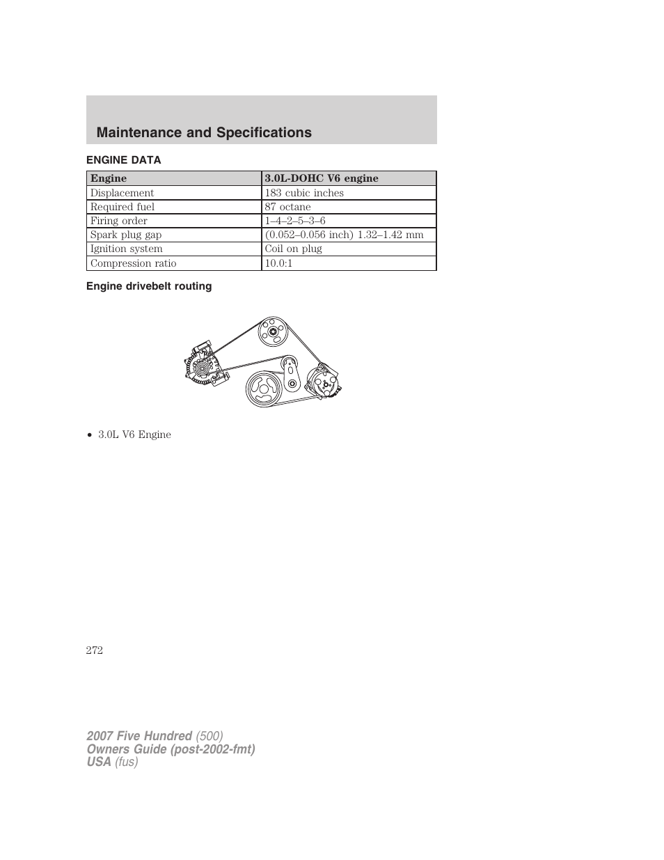 Engine data, Engine drivebelt routing, Maintenance and specifications | FORD 2007 Five Hundred v.1 User Manual | Page 272 / 288