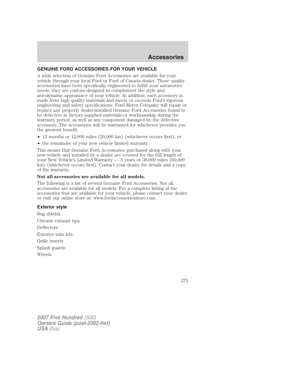 Accessories, Genuine ford accessories for your vehicle, Exterior style | FORD 2007 Five Hundred v.1 User Manual | Page 275 / 288