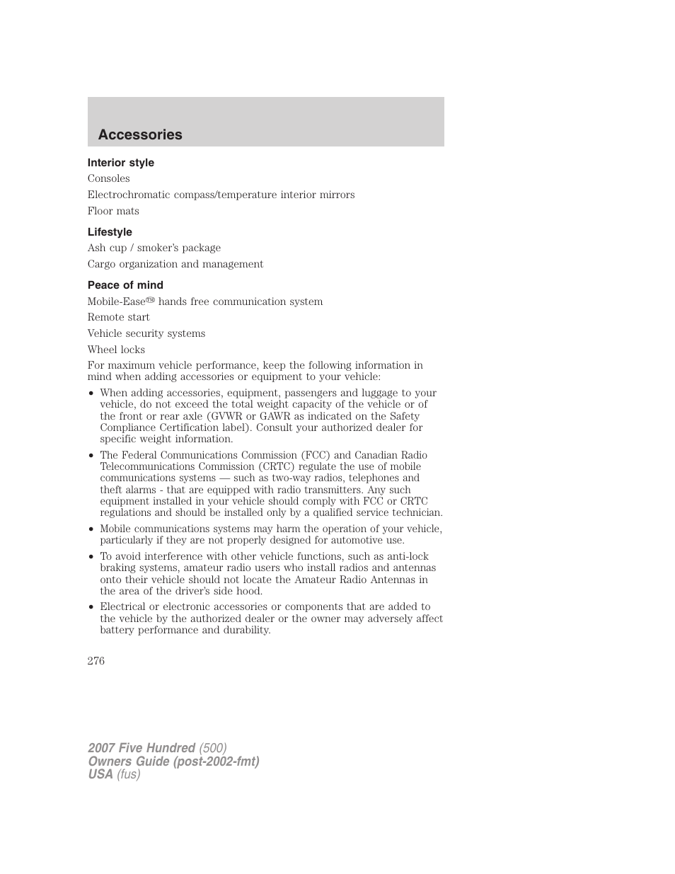 Interior style, Lifestyle, Peace of mind | Accessories | FORD 2007 Five Hundred v.1 User Manual | Page 276 / 288