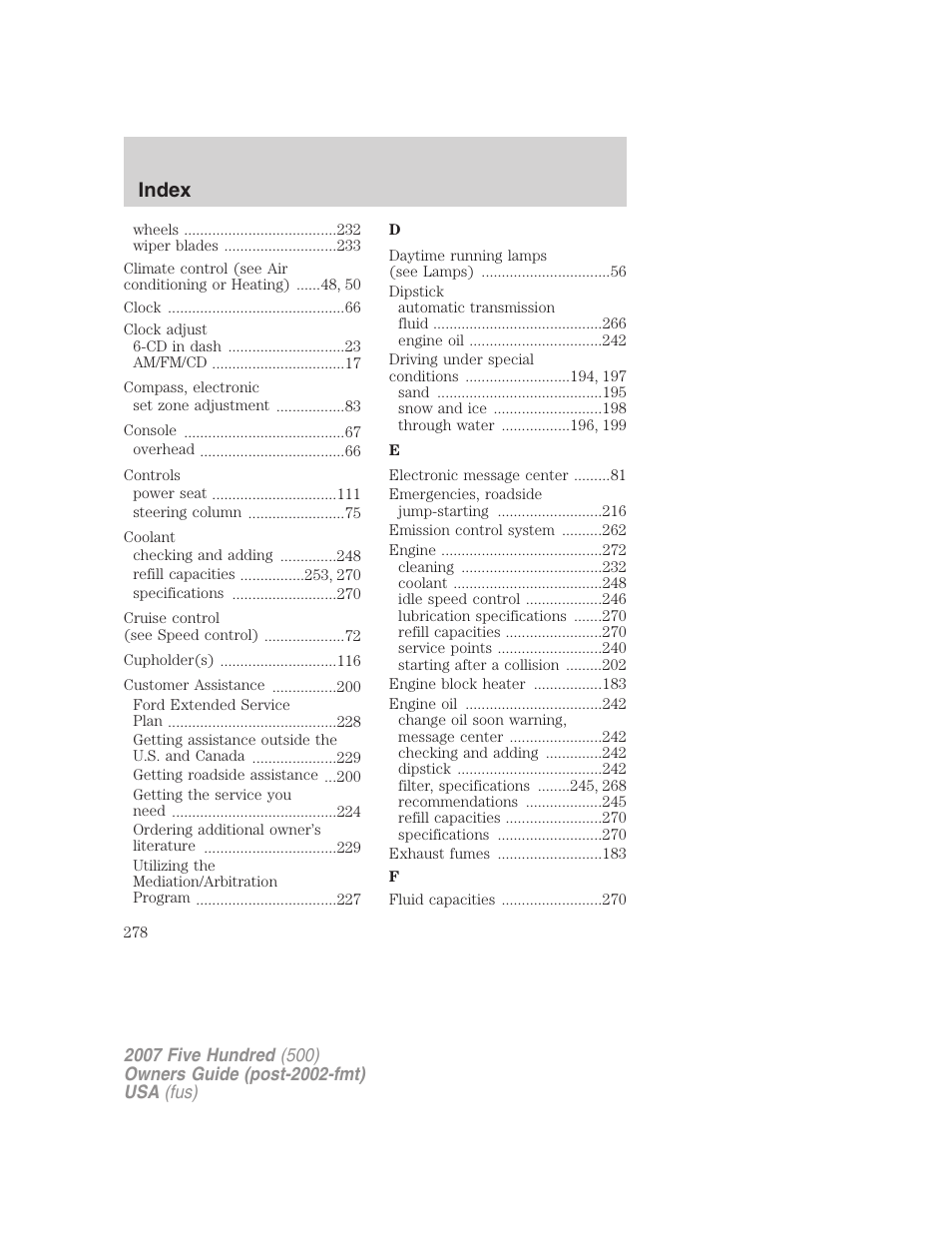 Index | FORD 2007 Five Hundred v.1 User Manual | Page 278 / 288