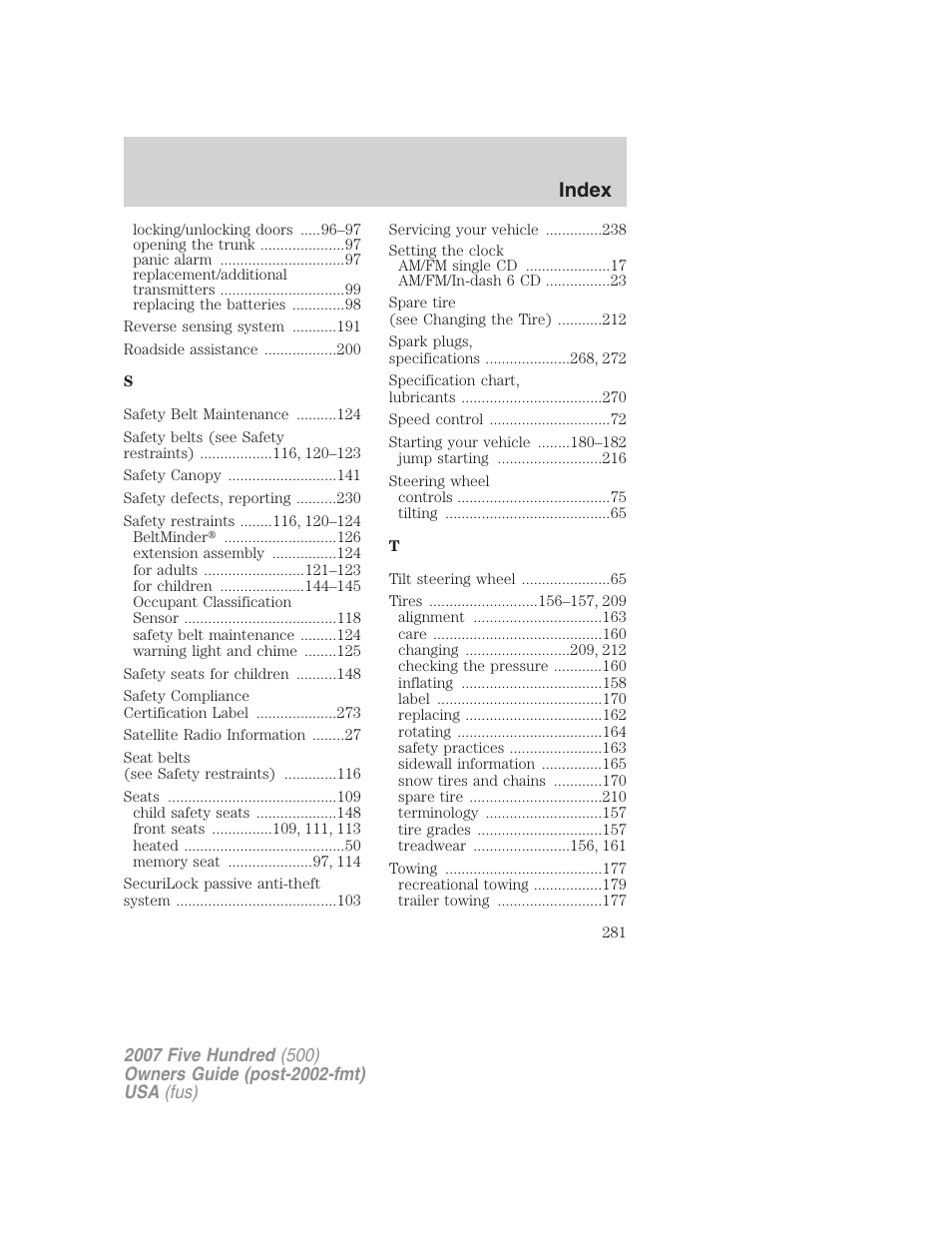 Index | FORD 2007 Five Hundred v.1 User Manual | Page 281 / 288