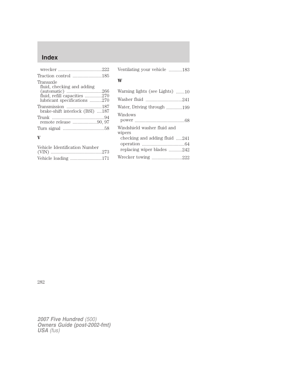 Index | FORD 2007 Five Hundred v.1 User Manual | Page 282 / 288