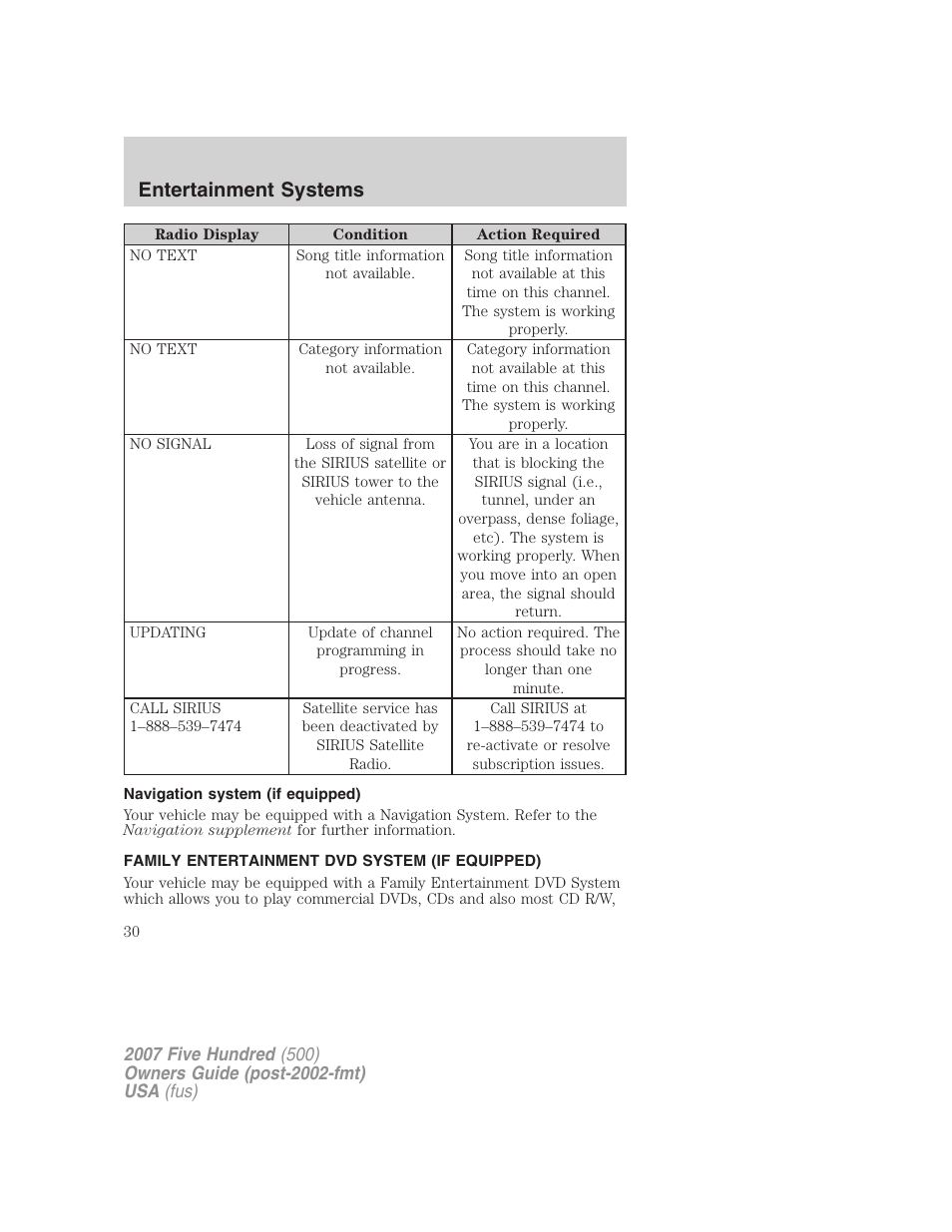 Navigation system (if equipped), Family entertainment dvd system (if equipped), Family entertainment system | Entertainment systems | FORD 2007 Five Hundred v.1 User Manual | Page 30 / 288