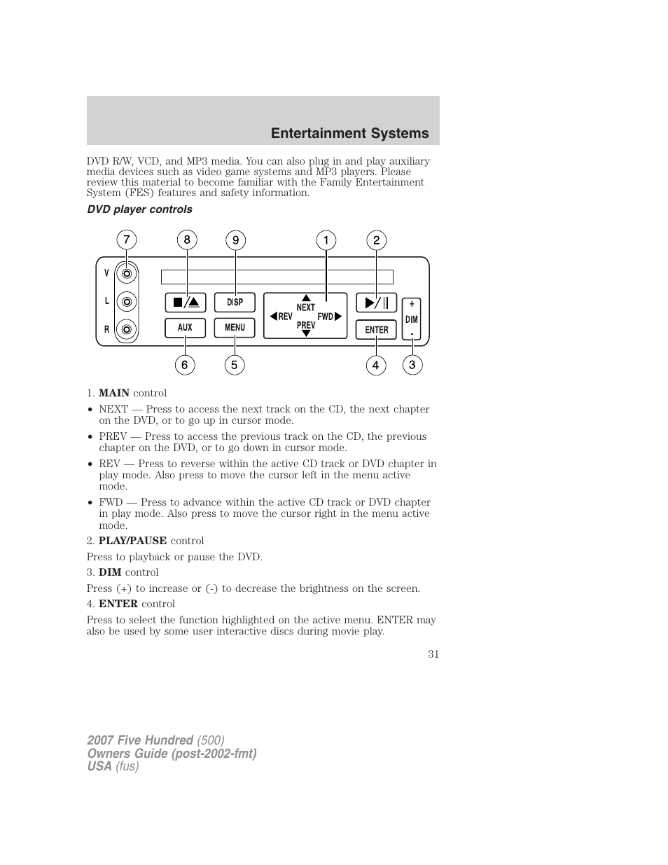 Dvd player controls, Entertainment systems | FORD 2007 Five Hundred v.1 User Manual | Page 31 / 288