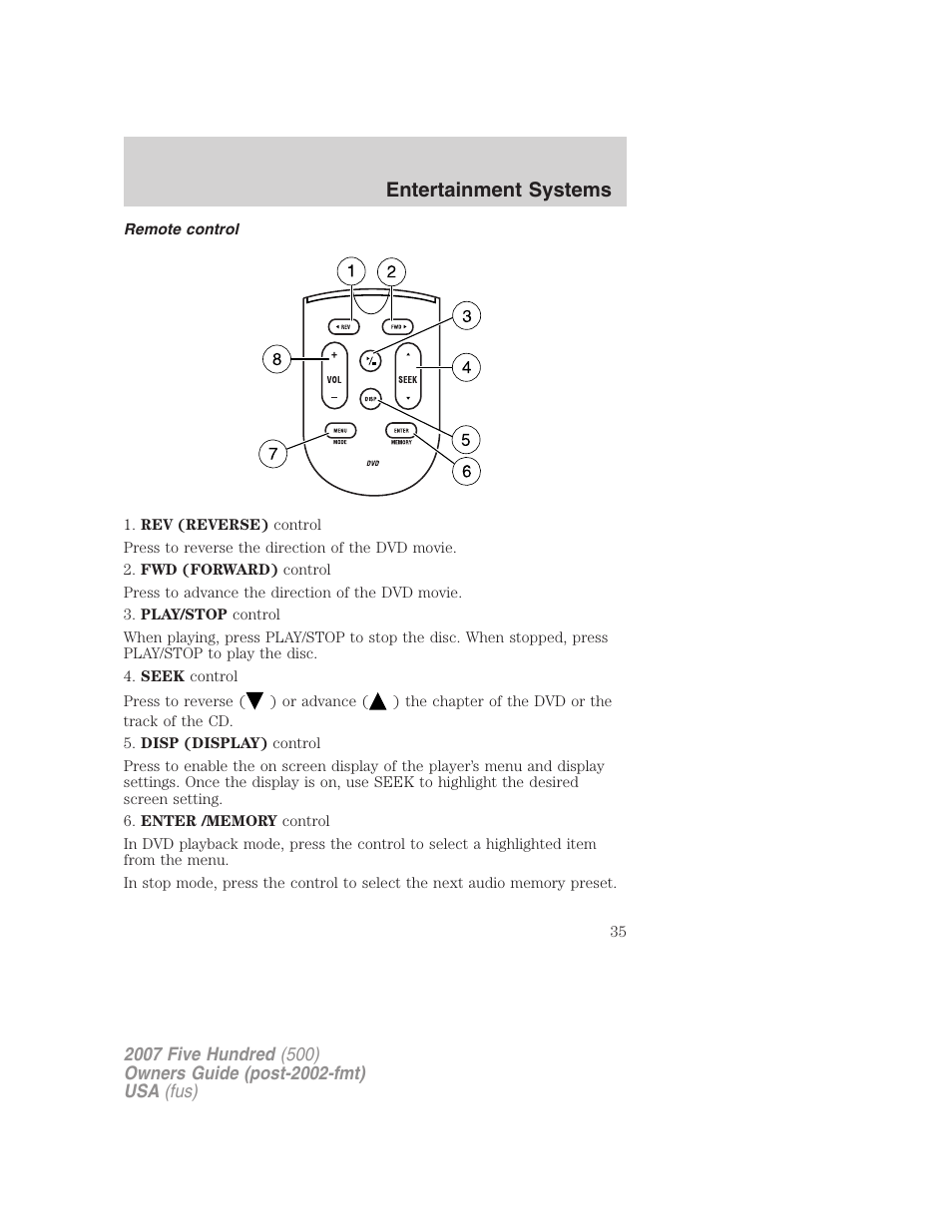 Remote control, Entertainment systems | FORD 2007 Five Hundred v.1 User Manual | Page 35 / 288