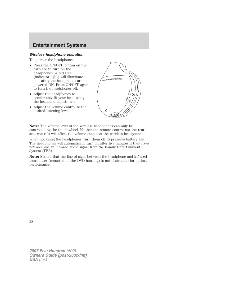 Wireless headphone operation, Entertainment systems | FORD 2007 Five Hundred v.1 User Manual | Page 38 / 288