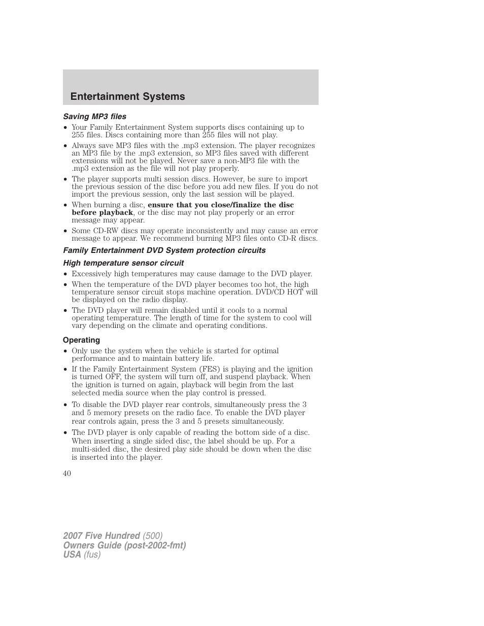 Saving mp3 files, High temperature sensor circuit, Operating | Entertainment systems | FORD 2007 Five Hundred v.1 User Manual | Page 40 / 288