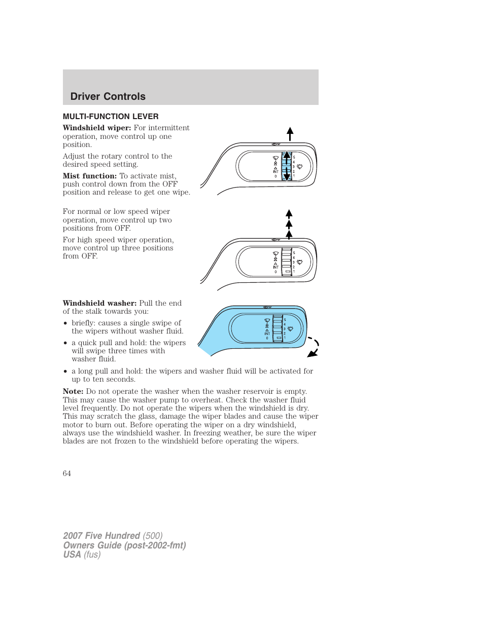 Driver controls, Multi-function lever, Windshield wiper/washer control | FORD 2007 Five Hundred v.1 User Manual | Page 64 / 288