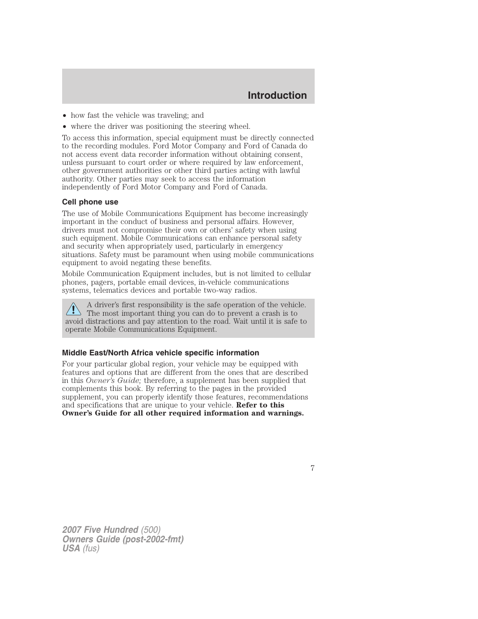 Cell phone use, Introduction | FORD 2007 Five Hundred v.1 User Manual | Page 7 / 288