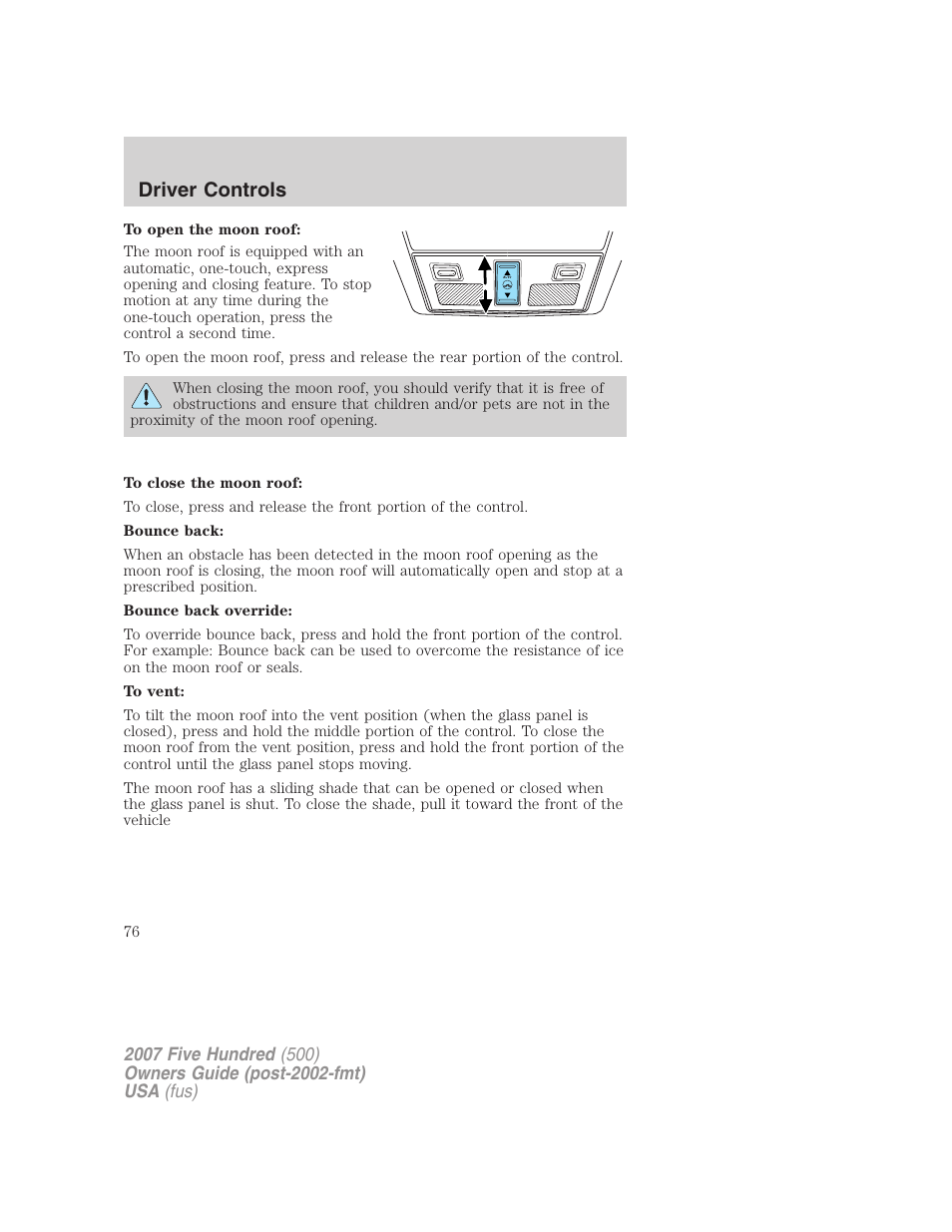 Driver controls | FORD 2007 Five Hundred v.1 User Manual | Page 76 / 288