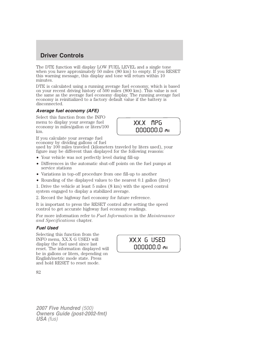 Average fuel economy (afe), Fuel used, Driver controls | FORD 2007 Five Hundred v.1 User Manual | Page 82 / 288