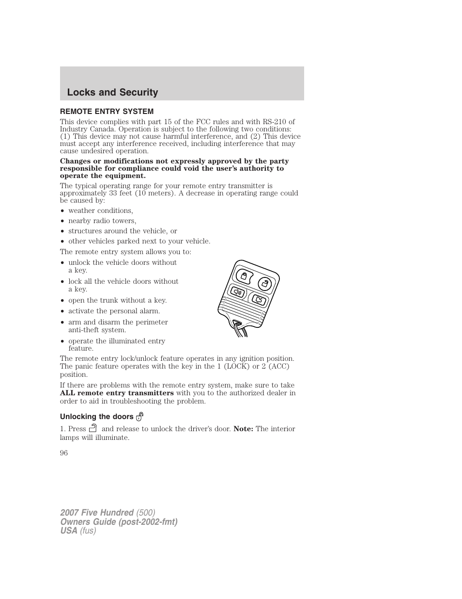 Remote entry system, Unlocking the doors, Locks and security | FORD 2007 Five Hundred v.1 User Manual | Page 96 / 288