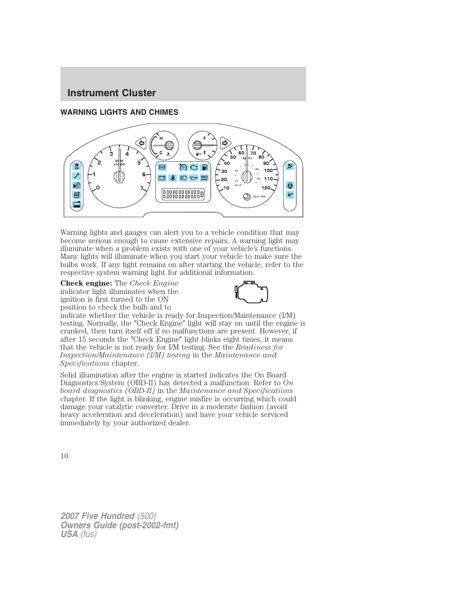 Instrument cluster, Warning lights and chimes | FORD 2007 Five Hundred v.2 User Manual | Page 10 / 288