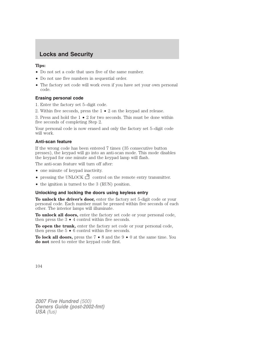 Erasing personal code, Anti-scan feature, Locks and security | FORD 2007 Five Hundred v.2 User Manual | Page 104 / 288
