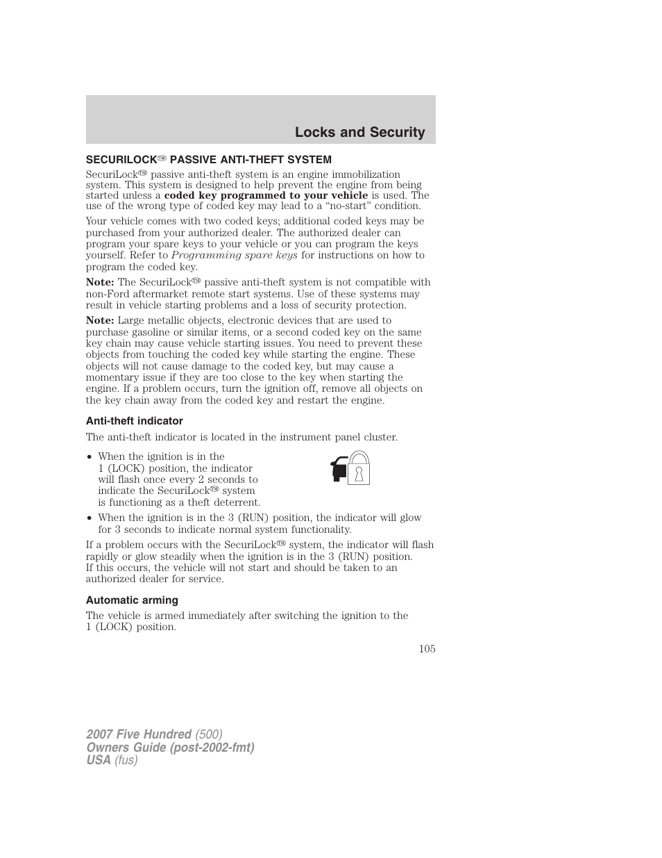Securilock passive anti-theft system, Anti-theft indicator, Automatic arming | Anti-theft system, Locks and security | FORD 2007 Five Hundred v.2 User Manual | Page 105 / 288