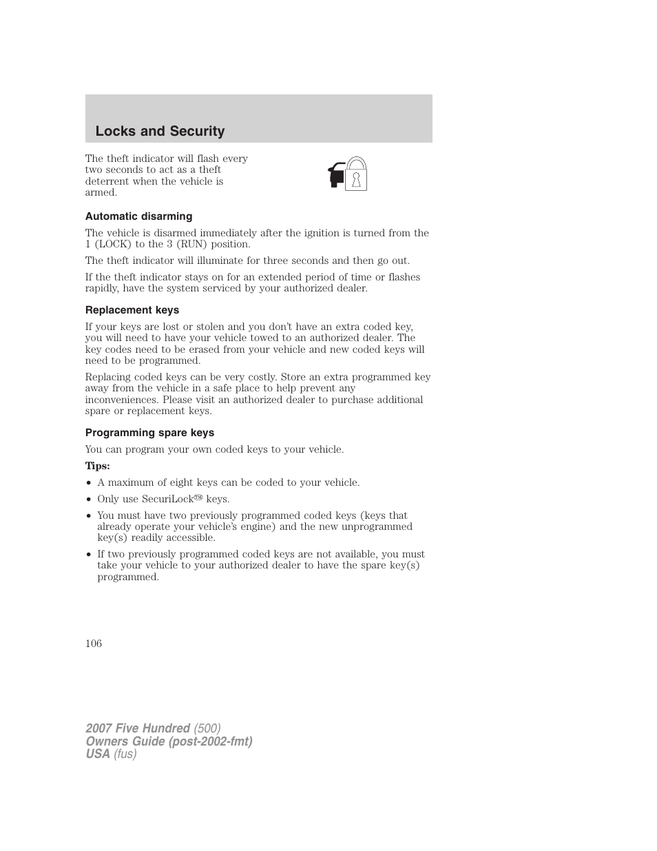 Automatic disarming, Replacement keys, Programming spare keys | Locks and security | FORD 2007 Five Hundred v.2 User Manual | Page 106 / 288