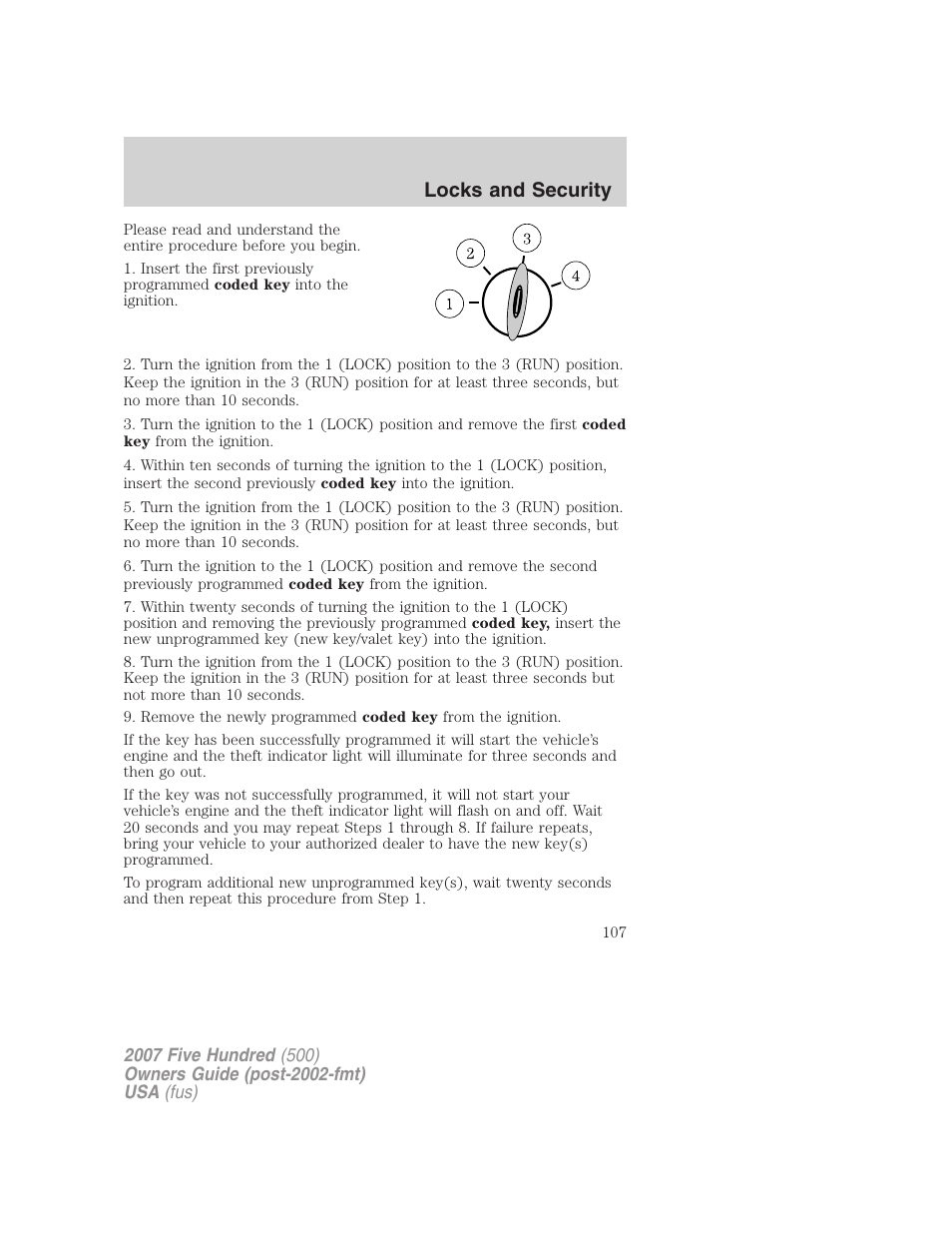 Locks and security | FORD 2007 Five Hundred v.2 User Manual | Page 107 / 288