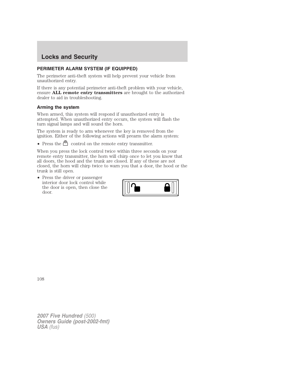 Perimeter alarm system (if equipped), Arming the system, Locks and security | FORD 2007 Five Hundred v.2 User Manual | Page 108 / 288