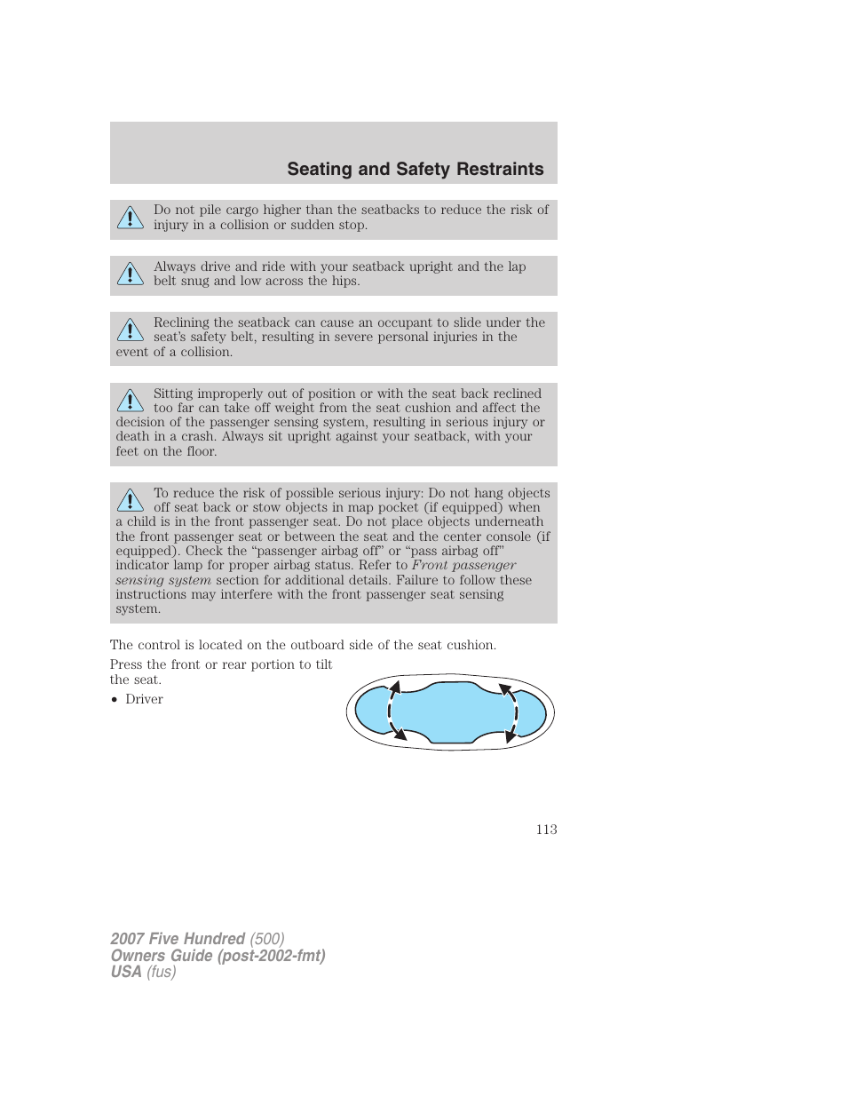 Seating and safety restraints | FORD 2007 Five Hundred v.2 User Manual | Page 113 / 288