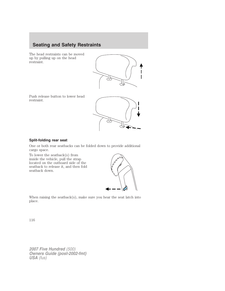 Split-folding rear seat, Seating and safety restraints | FORD 2007 Five Hundred v.2 User Manual | Page 116 / 288