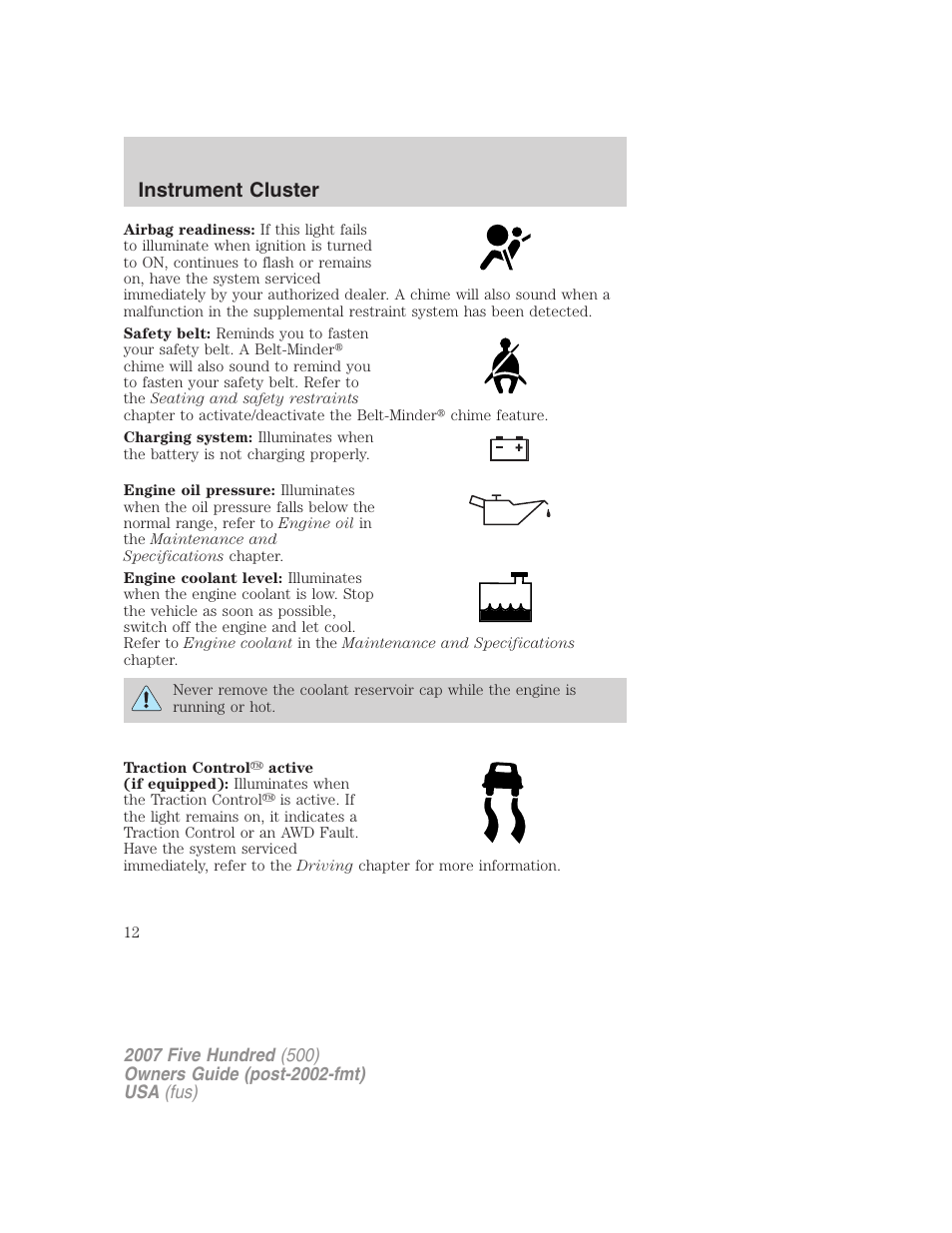Instrument cluster | FORD 2007 Five Hundred v.2 User Manual | Page 12 / 288