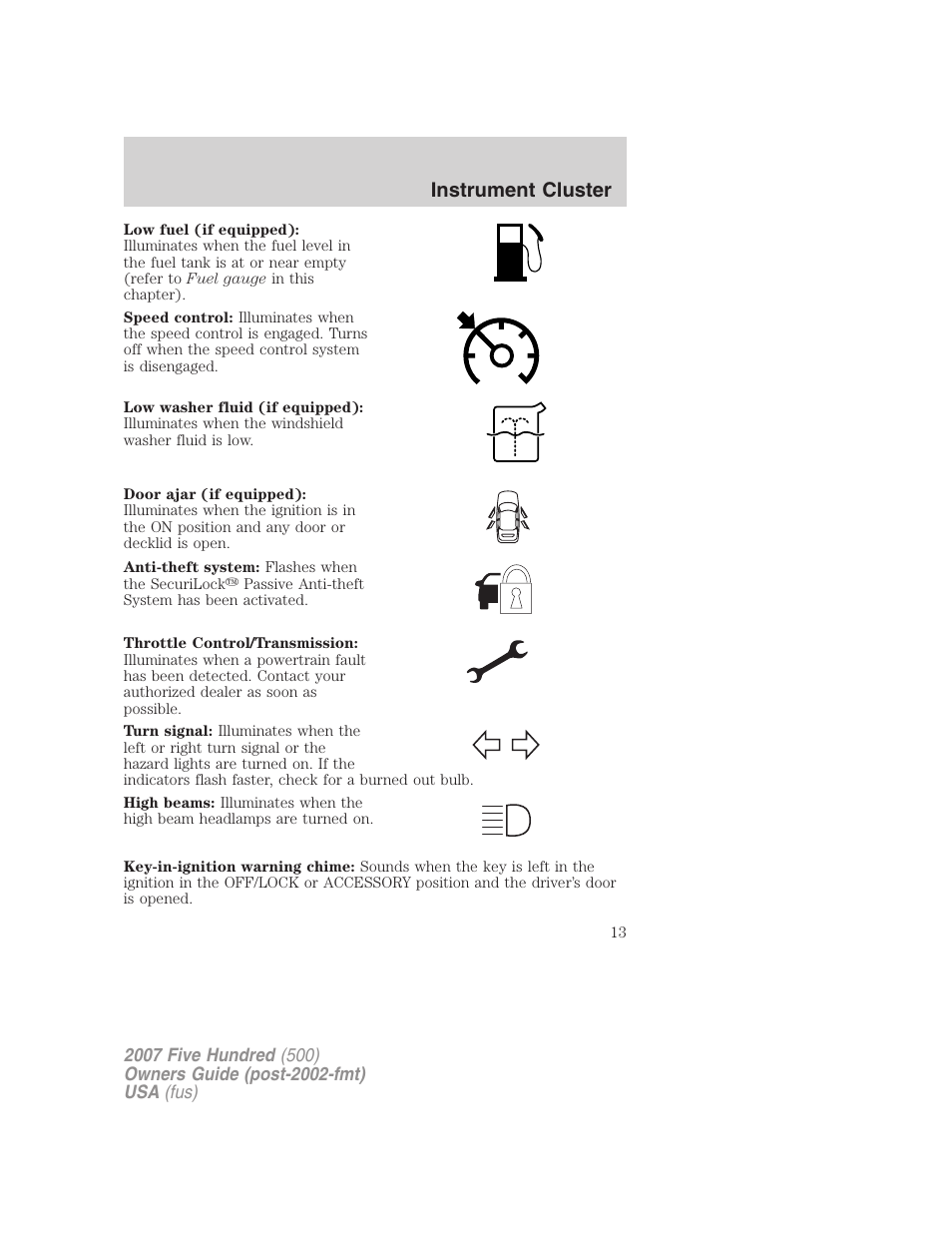 Instrument cluster | FORD 2007 Five Hundred v.2 User Manual | Page 13 / 288