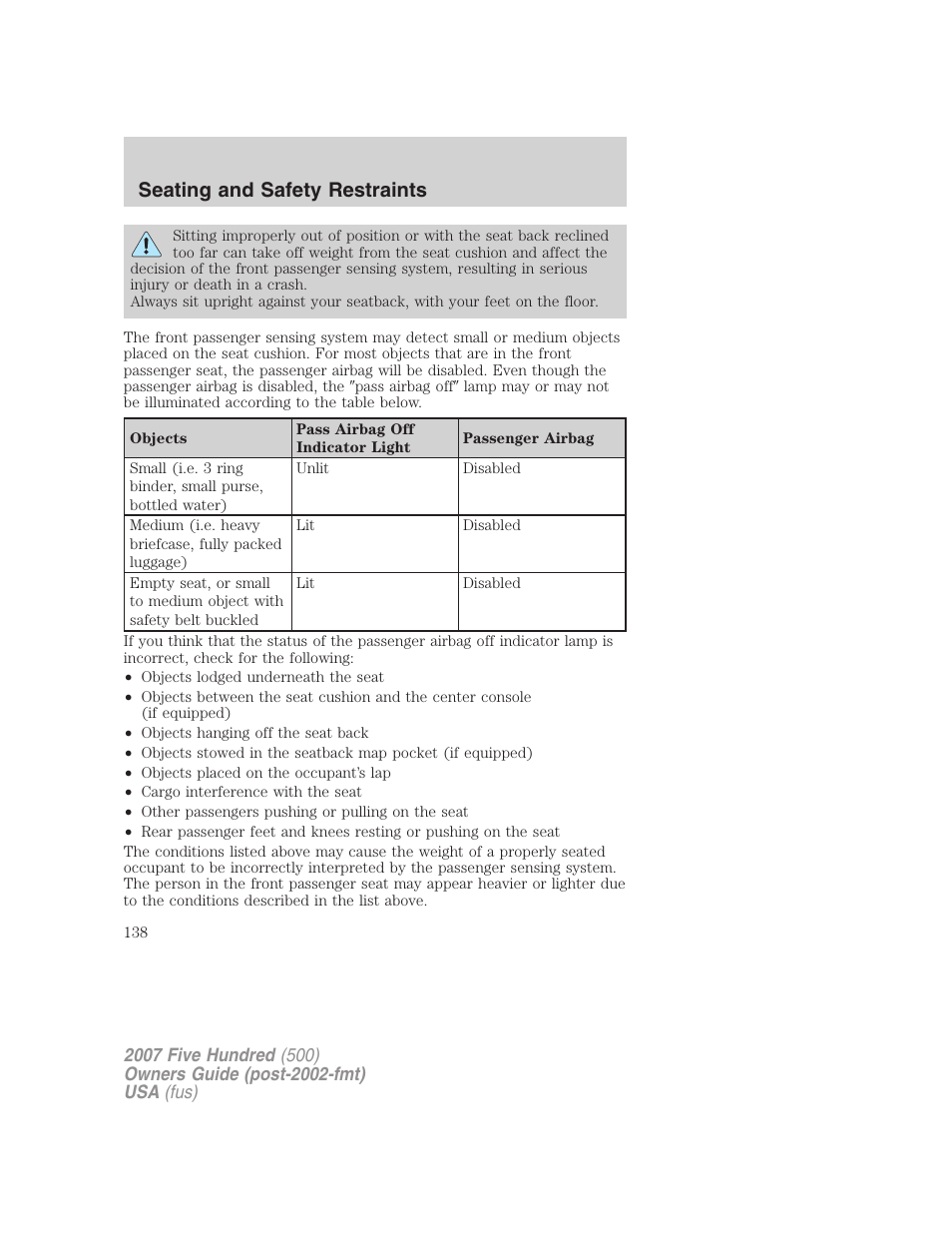 Seating and safety restraints | FORD 2007 Five Hundred v.2 User Manual | Page 138 / 288