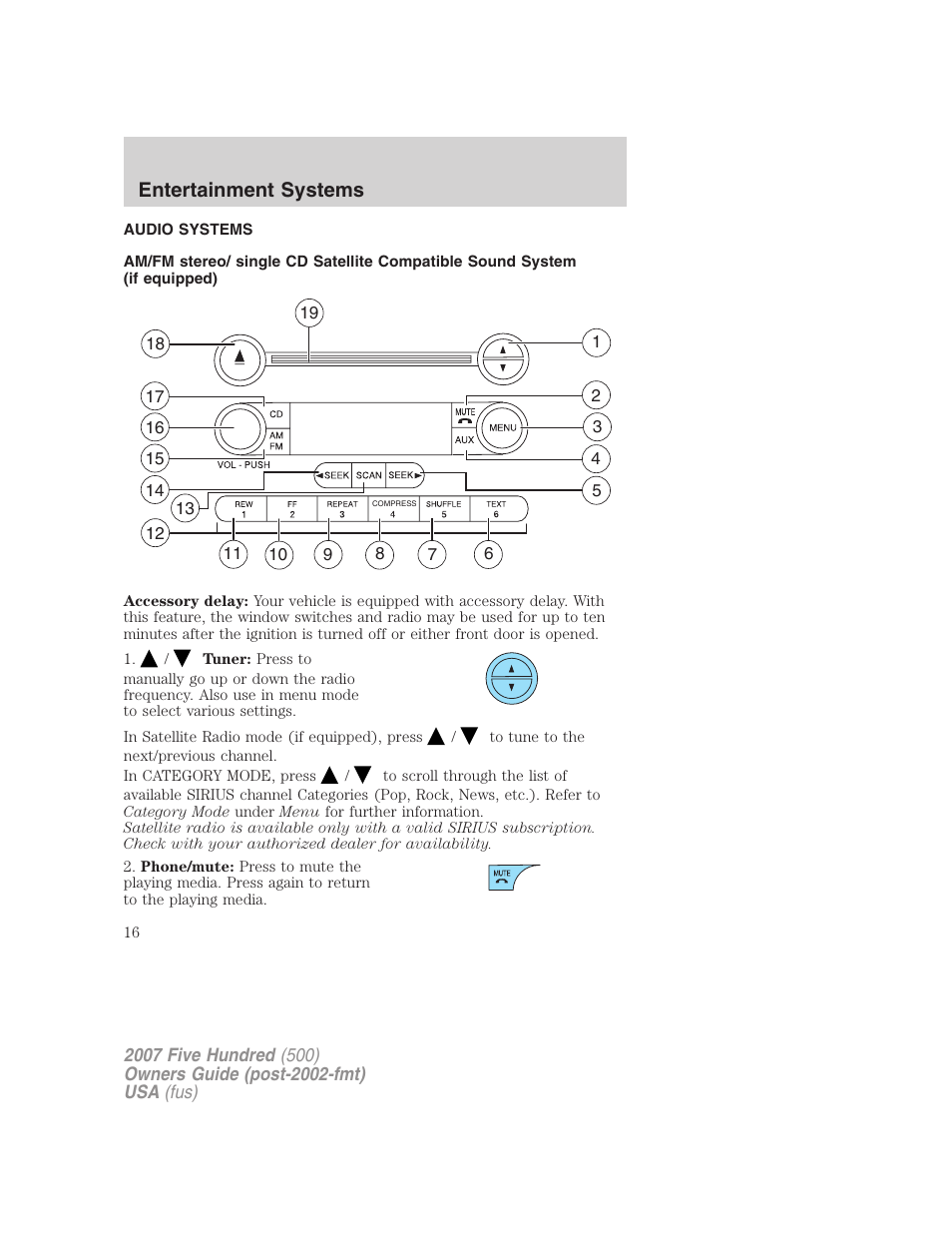 Entertainment systems, Audio systems, Am/fm stereo with cd | FORD 2007 Five Hundred v.2 User Manual | Page 16 / 288