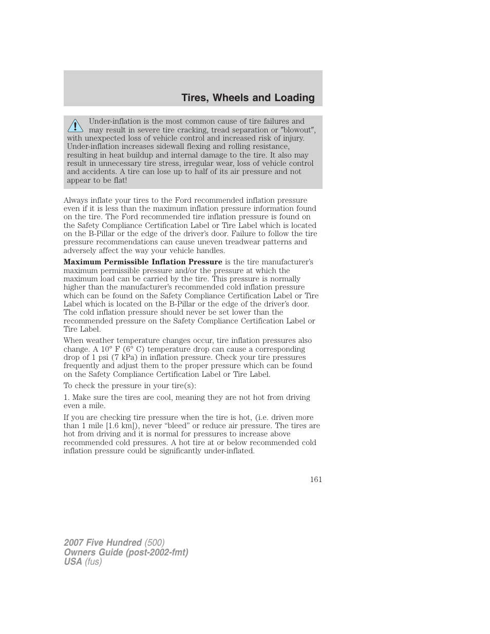 Tires, wheels and loading | FORD 2007 Five Hundred v.2 User Manual | Page 161 / 288