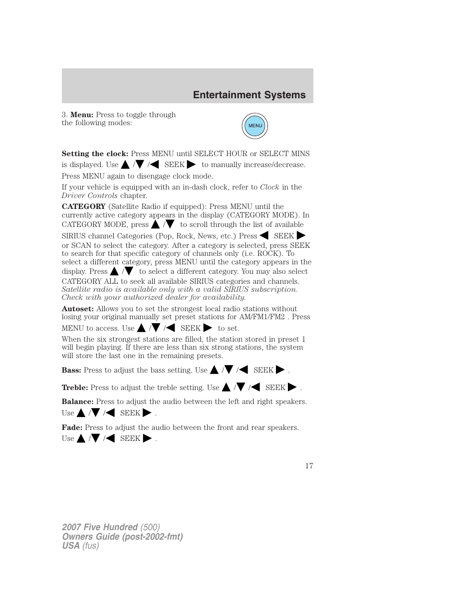 Entertainment systems | FORD 2007 Five Hundred v.2 User Manual | Page 17 / 288