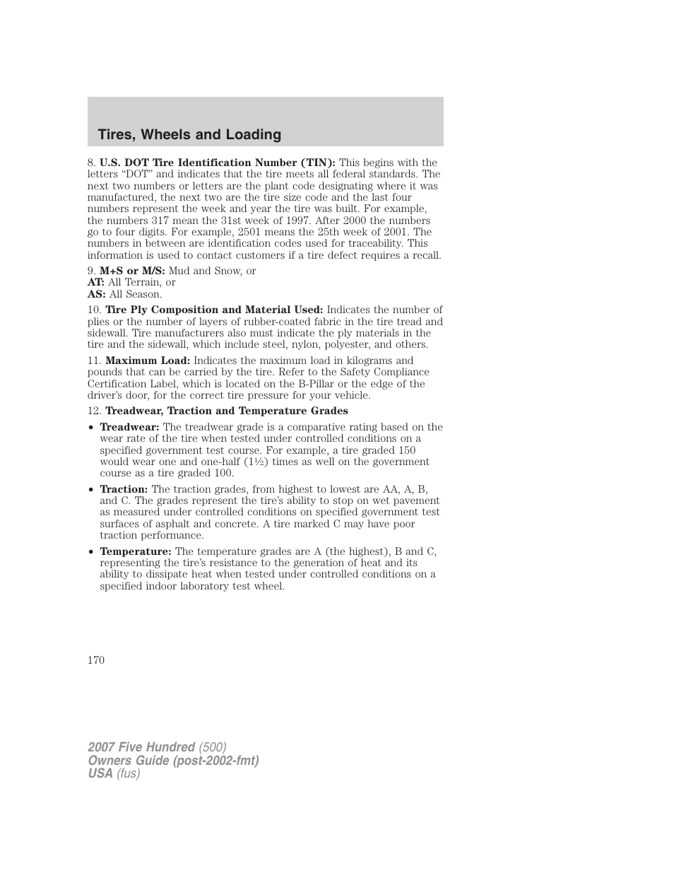 Tires, wheels and loading | FORD 2007 Five Hundred v.2 User Manual | Page 170 / 288