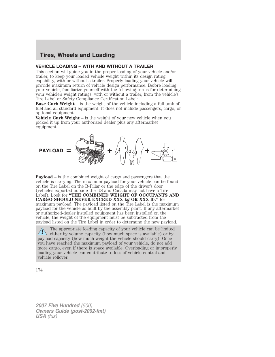 Vehicle loading – with and without a trailer, Vehicle loading, Tires, wheels and loading | FORD 2007 Five Hundred v.2 User Manual | Page 174 / 288