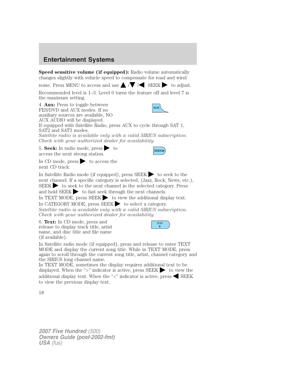 Entertainment systems | FORD 2007 Five Hundred v.2 User Manual | Page 18 / 288