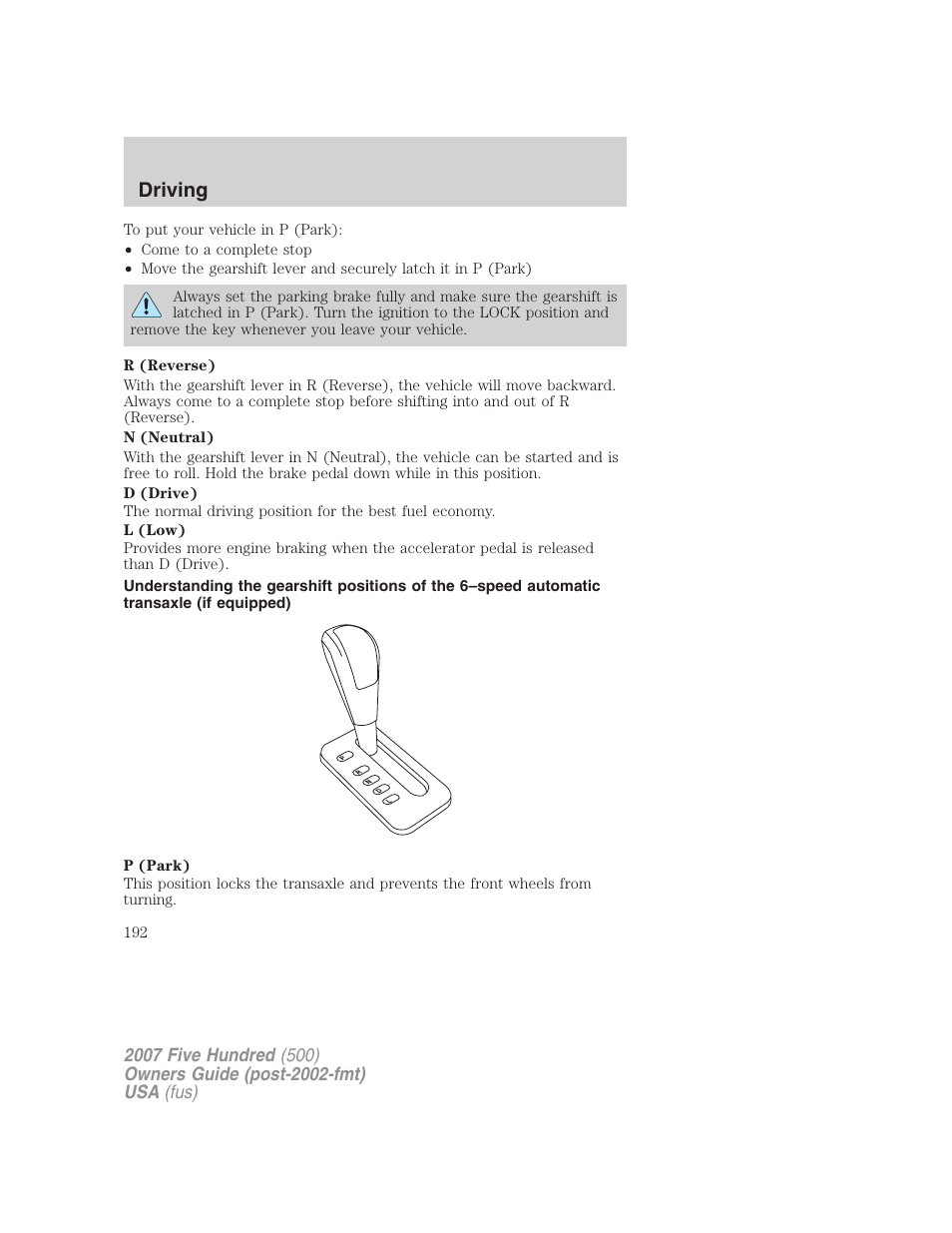 Driving | FORD 2007 Five Hundred v.2 User Manual | Page 192 / 288