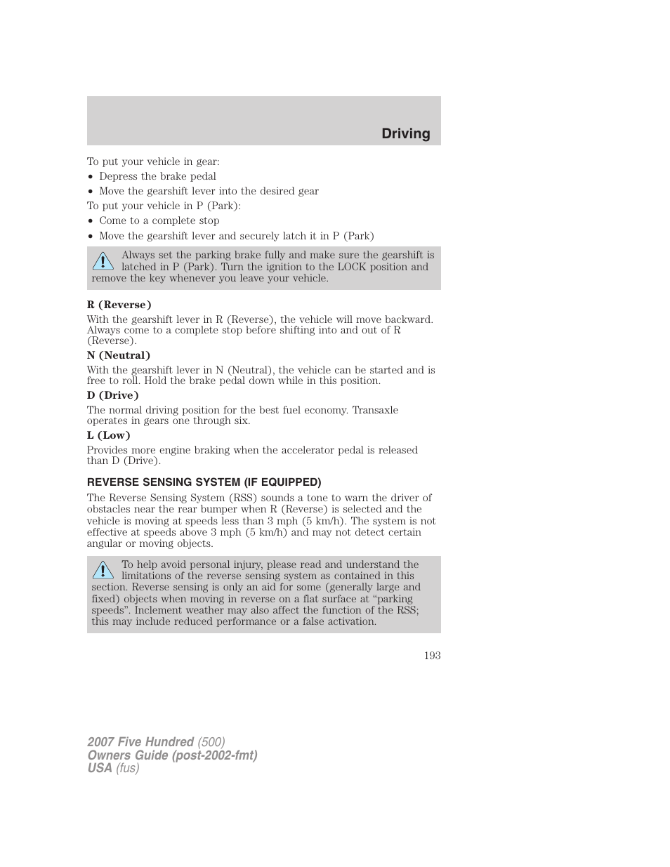 Reverse sensing system (if equipped), Driving | FORD 2007 Five Hundred v.2 User Manual | Page 193 / 288