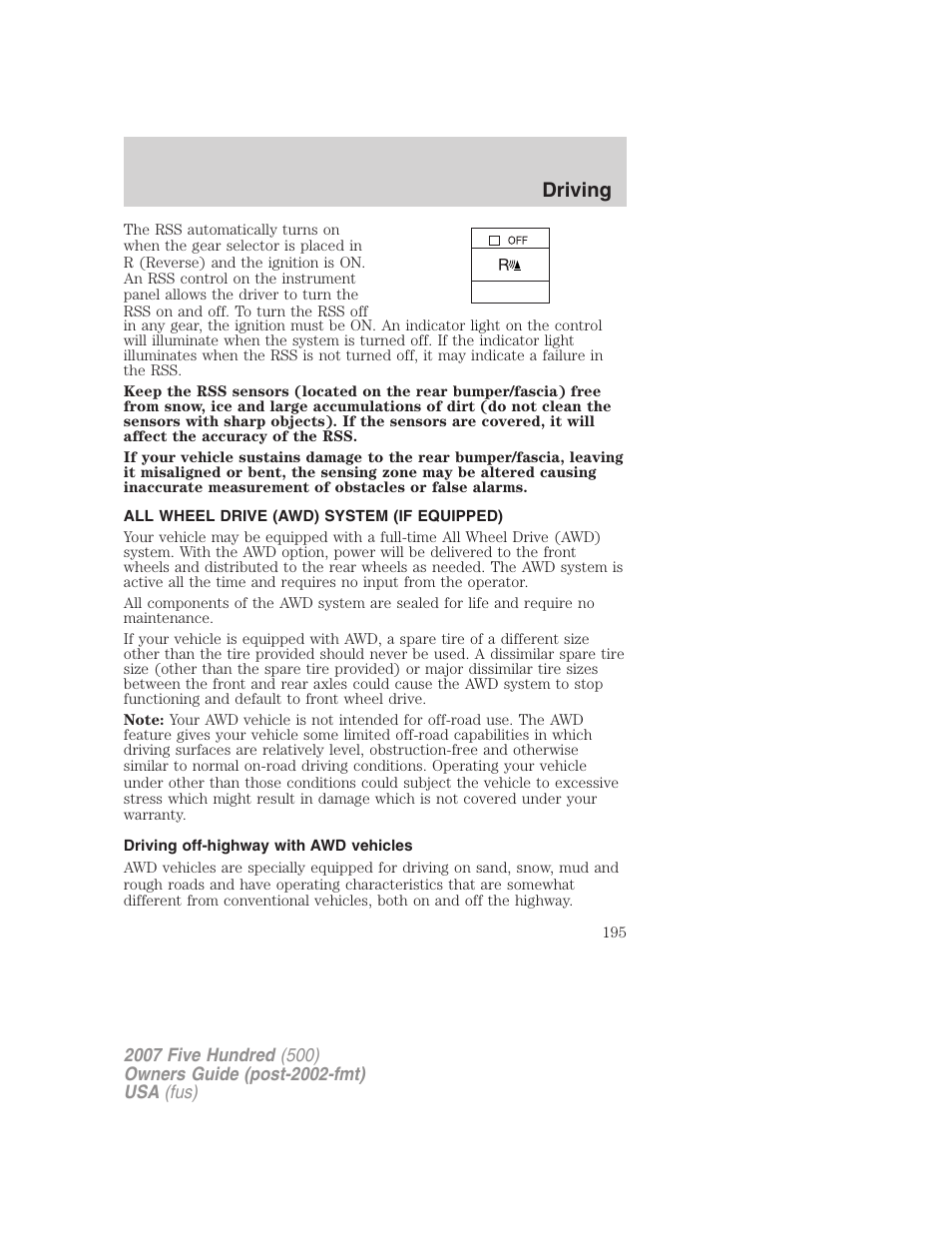 All wheel drive (awd) system (if equipped), Driving off-highway with awd vehicles, Driving | FORD 2007 Five Hundred v.2 User Manual | Page 195 / 288