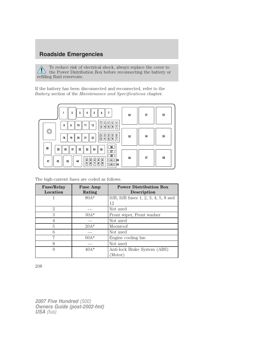 Roadside emergencies | FORD 2007 Five Hundred v.2 User Manual | Page 208 / 288